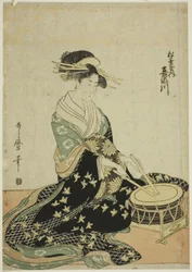 La cortesana Kisegawa de Matsubaya, de una serie sin título de cortesanas de Matsubaya como cinco músicos