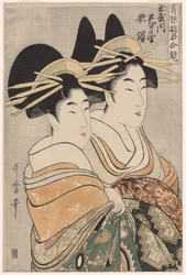 Las cortesanas Kasugano y Utahama de Tamaya de la serie Cortesanas de los barrios de placer en espejos dobles