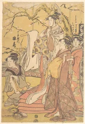 La oiran Hinazuru de Chojiya de pie sobre una pila de futones