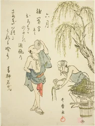 El Sexto Mes (Rokugatsu), de una serie sin título de escenas de género en los doce meses, con poemas kyoka