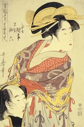 Los amantes Miuraya Agemaki y Yorozuya Sukeroku (oban de Jitsu kurabe iro no minakami) , c. 1798-1799 (xilografía en color)