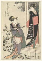 Dos mujeres junto a un arbusto yamabuki en flor: el segundo acto. Nidanme (título sobre objeto) Parodia de la Chushingura por famosas bellezas. (título de la serie) Komei bijin mitate Chushingura (título de la serie sobre el objeto)