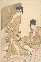 Dos mujeres jóvenes envueltas en yukata después de un baño, ca. 1796