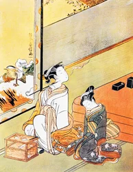 Mujer fumando pipa, impresión de arte ukiyo-e, escuela Tosa, xilografía, civilización japonesa, período Edo