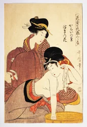 Mujer lavándose, circa 1803, ilustración de Kitagawa Utamaro (1753-1806) de Hana Awase Kesho Kurabe, Aiban-tate-e xilografía, civilización japonesa, período Edo