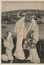 Mujeres Disfrutando del Frescor de la Tarde Cerca del Puente Ryogoku