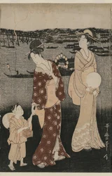 Mujeres Disfrutando del Frescor de la Tarde Cerca del Puente Ryogoku