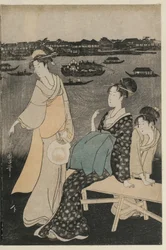 Mujeres Disfrutando del Frescor de la Tarde Cerca del Puente Ryogoku