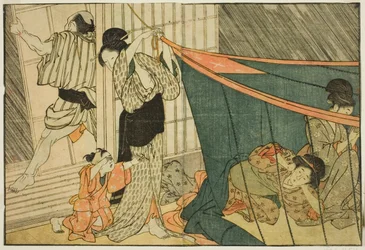 Mujeres dentro de una mosquitera durante una tormenta, del libro ilustrado "Libro de imágenes: Flores de las cuatro estaciones (Ehon shiki no hana)," vol. 1