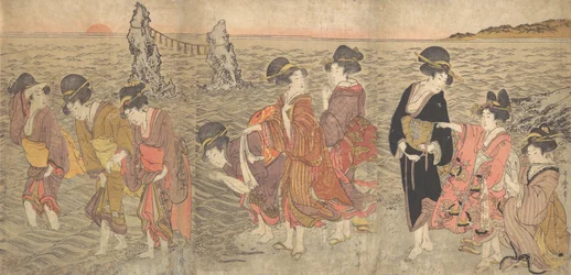 Mujeres adorando al sol naciente entre las rocas gemelas en Ise, finales del siglo XVIII-principios del siglo XIX