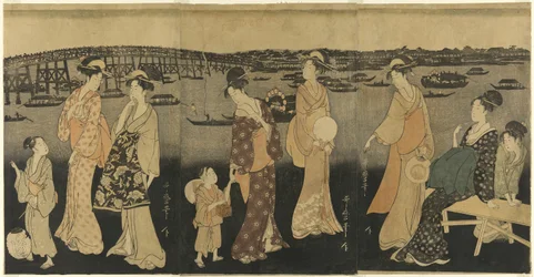 Mujeres viendo fuegos artificiales en el río Sumida