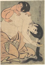 Yamauba peinándose con Kintarō