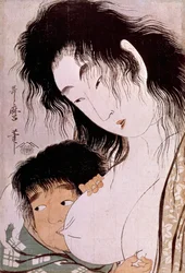 Yamauba y Kintaro: la tetee. Estampa japonesa de Utamaro Kitagawa (1753-1806). 1801-1803. París, Museo Guimet, Museo Nacional de Artes Asiáticas