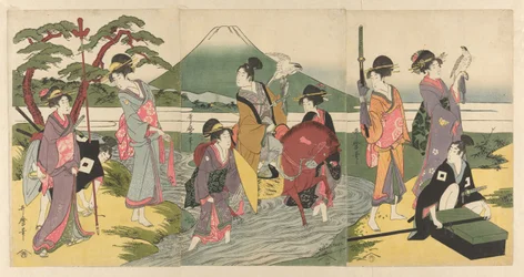 Joven y su grupo cruzando un arroyo antes del monte Fuji