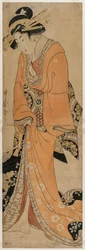 Geisha de pie junto a un estuche de shamisen