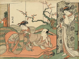 Cortesana observando a una joven aprendiz en la cama con un cliente