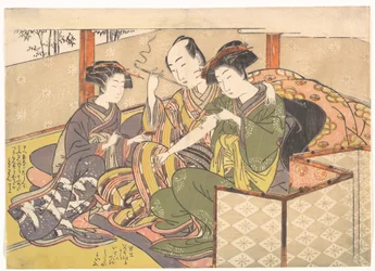 Sirvienta aplicando medicina al brazo de una geisha