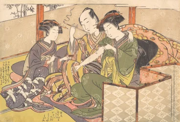Sirviente aplicando medicina al brazo de una geisha, finales del siglo XVIII