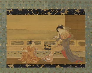 Dos niñas en un balcón con vista al mar, período Edo, 1739-1820
