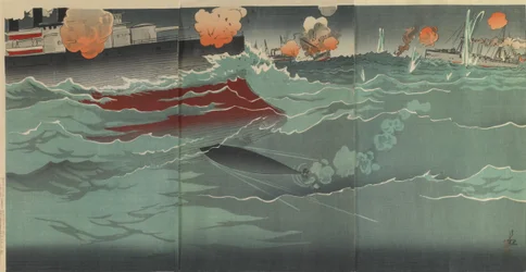 Nuestro torpedo impacta en un buque de guerra ruso en la Gran Batalla Naval de Port Arthur, periodo Meiji