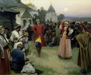 Danza (una pareja de recién casados ​​con trajes tradicionales bailan entre la multitud de aldeanos al anochecer) (Danza) - Pintura de Klavdi Vasilyevich Lebedev (1852-1916), óleo sobre cartón (26x31 cm)