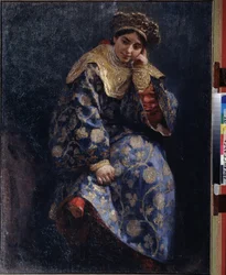 La hija de Boyar (Boiard, boiar) (La hija de Boyar). Retrato de una joven noble rusa tradicional, durante la época de los disturbios, entre 1598 y 1613. Pintura de Klavdi Vasilyevich Lebedev (1852-1916), óleo sobre lienzo