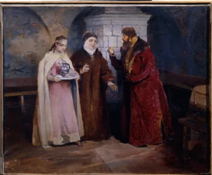 Elegir una novia. En la época de los Domostroi (siglo XVI), un hombre hace su propuesta de matrimonio a la madre de una joven, que lleva una garrafa sobre una bandeja de plata. Pintura de Klavdi Vasilyevich Lebedev (1852-1916), óleo sobre