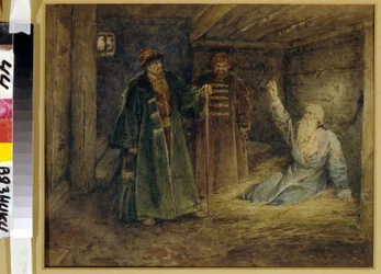 Le tsar Ivan IV le terrible (1530-1584) et Maliouta Skouratov (mort en 1573) visitant le Boyard (boiard, boiar) Morozov (?) en prisión. (Zar Iván IV el Terrible y Malyuta Skuratov visitando a Boyar Morosov). Pintura de Klavdi Vasilyevich Lebedev (1852-191)