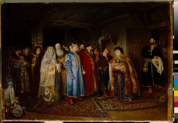 Boda boyarda (boyar, boyardo) en el siglo XVI, la novia lleva un kokochnik (La boda del boyardo) - Óleo sobre lienzo de Klavdi Vasilyevich Lebedev (1852-1916)