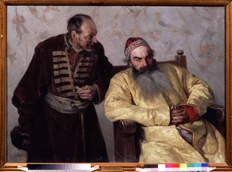 Une denunciation au Boyar (boiard, boiar) (Al boyardo con una denuncia). Durante los tiempos turbulentos (1598-1613) bajo el reinado del Zar Iván IV el Terrible (1530-1584), en el Gran Ducado de Moscú, un hombre, sosteniendo un papel doblado en la mano, ha