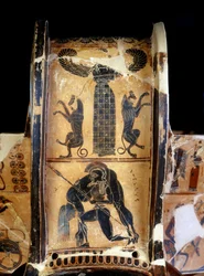 El vaso François: detalle de la crátera de figuras negras que representa a Aquiles muerto, transportado por Áyax, realizada por el alfarero Ergótimos y el pintor Clitias. 570 a. C. Procedente de Siena. Florencia. Museo Arqueológico Nacional.