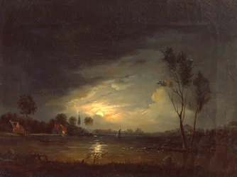 Paisaje de fiordos con pescadores a la luz de la luna