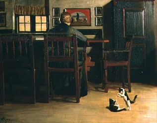 Interior con gatitos juguetones