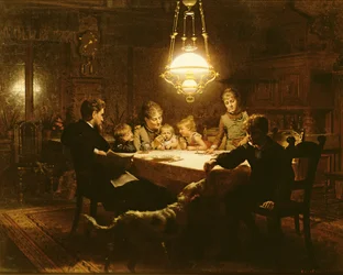 Cena familiar a la luz de la lámpara, siglo XIX