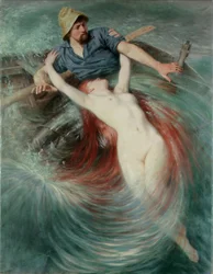 Un pescador engullido por una sirena (óleo sobre lienzo)