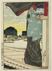Vista distante de la colina Matsuchi desde el río Sumida (Sumidagawa yori Matsuchiyama enkei), de la serie "Cien vistas de la provincia de Musashi (Musashi hyakkei no uchi)"