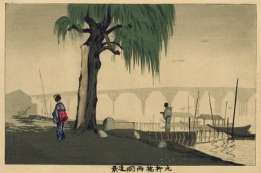 Vista lejana de Ryōgoku desde el puente Motoyanagi