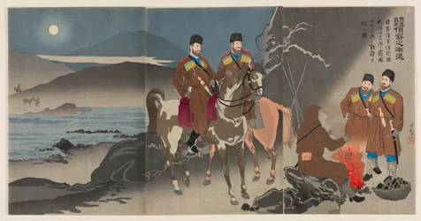 Avance gradual de los exploradores en la guerra justa para castigar a Rusia: un grupo de exploradores del ejército japonés que observa los movimientos de los soldados cosacos rusos a través del río Daedong