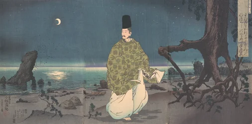 Cortesano del período Heian en una playa iluminada por la luna, siglo XIX