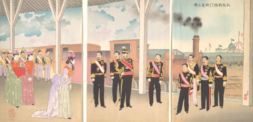 Ilustración de la llegada del Emperador a la estación de Shinbashi tras una victoria Gaise..., 1895