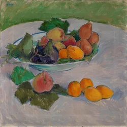 Naturaleza muerta con frutas y hojas
