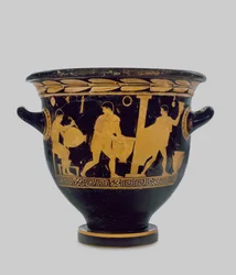 Crátera de campana de figuras rojas áticas, decorada con el interior de un taller de alfareros, c.430-425 a.C.