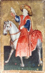 Un Halconero Montado, una de un conjunto de cartas de juego que representan escenas de cetrería cortesana, Área del Alto Rin, c.1440-45
