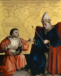 Antípatro arrodillado ante Julio César del retablo Heilspiegel, c.1435