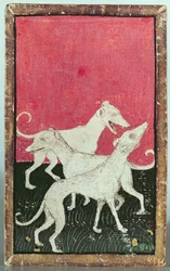 Tres perros de caza, uno de un conjunto de cartas que representan escenas de cetrería cortesana, Alta Renania, c.1440-45