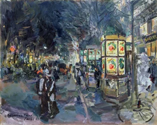 Boulevard parisino de noche (Parisan Boulevard at night). Descripción de la animación en la capital, con andadores, quioscos publicitarios (columnas Morris), arbolado e iluminación. Pintura de Konstantin Alexeyevich Korovin (Constantin Korovin) (1861-1939)