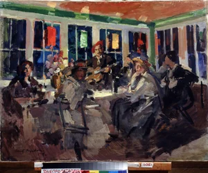 En un café (En un Café). Mujeres sentadas cerca de un mirador, iluminadas con farolillos de colores, acompañadas de un guitarrista. Pintura de Konstantin Alexeyevich Korovin (Constantin Korovin) (1861-1939), óleo sobre lienzo