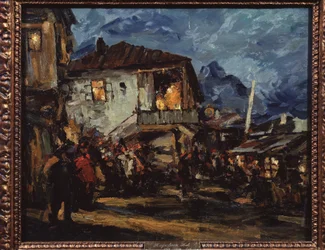 Gurzuf (Crimea) (Gurzuf). Escena callejera en el pueblo portuario con casas de madera. Pintura de Konstantin Alexeyevich Korovin (Constantin Korovin) (1861-1939), óleo sobre lienzo