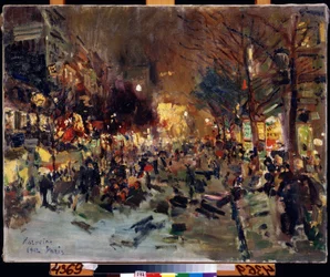 Grand Boulevard de París (Boulevard de París). Vista de la bulliciosa calle por la noche. Puede ver las columnas de Morris a la derecha. Pintura de Konstantin Alexeyevich Korovin (Constantin Korovin) (1861-1939), óleo sobre lienzo