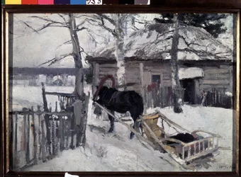 Invierno (Invierno). Un carruaje tirado por caballos en el patio de una casa de madera, en el campo, bajo la nieve. Pintura de Konstantin Alexeyevich Korovin (Constantin Korovin) (1861-1939), óleo sobre lienzo